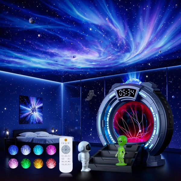 Veilleuse spatiale, lumière plasma/horloge/minuterie, projecteur d'aurore LED pour chambre d'enfant, veilleuse à LED, bruit blanc/haut-parleur/lampes décoratives pour chambre d'adultes/enfants