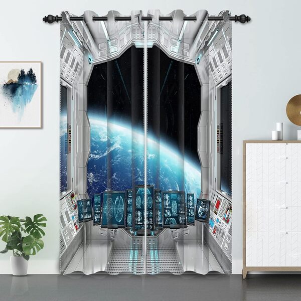 Rideau de Cuisine Vaisseau Spatial intérieur avec Vue sur la planète Rideaux de fenêtre occultants futuristes Science Fiction Station Spatiale Rideaux Draperies 66 x 160 cm 2 Panneaux