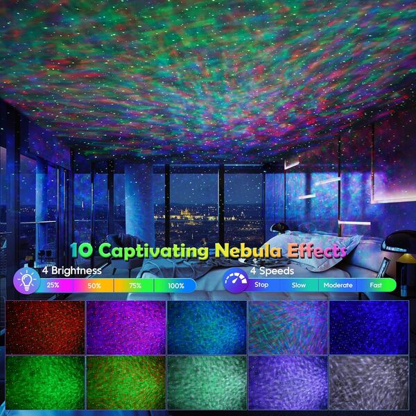 Projecteur d'étoiles, projecteur Galaxy pour chambre à coucher, 15 modes de couleur, 8 sons blancs intégrés et haut-parleur Bluetooth 5.1, télécommande et application de contrôle, fonction minuteur