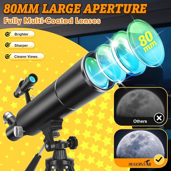 Télescope Astronomique pour Adultes et Enfants, 80/500mm Réfracteur Portable Télescope professionnel pour Débutants avec Trépied, Adaptateur Téléphone – Idéal pour Observer la Lune et Nature