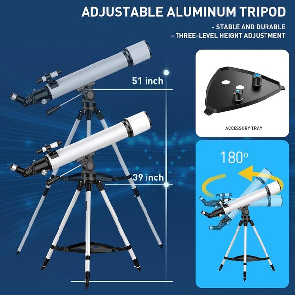Télescope Astronomique,80mm Ouverture 800mm - Grossissement 24-240X, Télescope Réfracteur Haute Puissance à Revêtement Multiple avec Trépied et Sac de Transpor