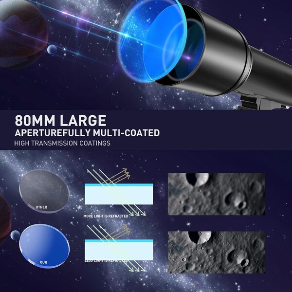 Télescope Astronomique pour Adulte, Enfants Et débutants, 800/80 mm HD Portable Télescopes avec Trépied réglable (80080)