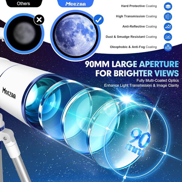 Télescope, Télescope Astronomie Professionnel pour Adultes, 90mm Ouverture 550mm Télescope Réfracteur Astronomique pour Enfants et Débutants, Télescope de Voyage Portable avec Trépied, Filtre