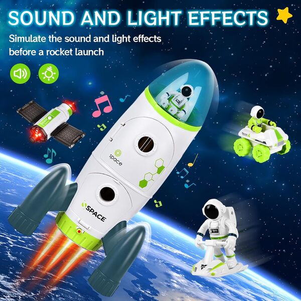 Fusée Spatiale Jouet - avec Effets Sonores et Lumineux, Set de Navettes Spatiales avec Rover Spatial, Astronautes, Satellite (avec Lampes), Jouets Éducatifs STEM pour Enfants de 6+ Ans