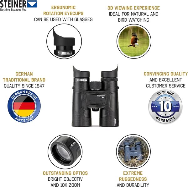 STEINER Jumelles Skyhawk 4.0 10x42 - Optique de qualité Allemande, expériences de visionnement 3D nettes, Robustes, parfaites pour l'observation de la Nature, des Animaux et des Oiseaux