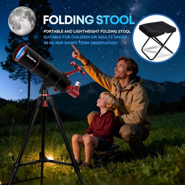 Dianfan Télescope 90/550 Astronomique pour Adultes et Enfants, Télescope Réfracteur Portatif pour Débutants avec Monture AZ, Trépied, Adaptateur pour Smartphone, Sac de Transport et Tabouret Pliant